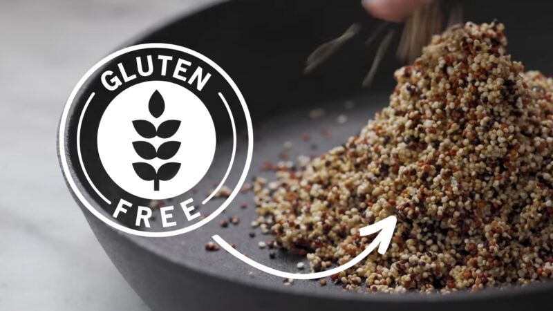 quinoa gluten free in the pan and on the gluten free sign